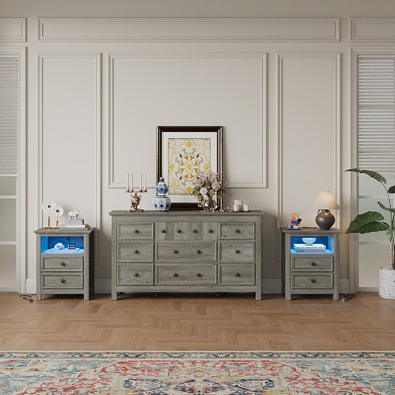 Ensemble de commode 3 pièces - commode 9 tiroirs et deux tables de chevet 2 tiroirs avec station de charge et DEL, gris délavé