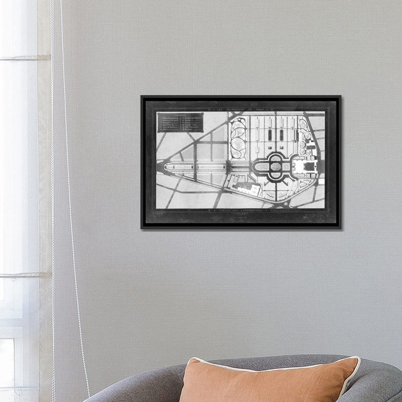 « french jardin blueprints ii », impression sur toile, H 18 po x l 26 po x P 1,5 po, Toile avec cadre noir, Pas de tapis