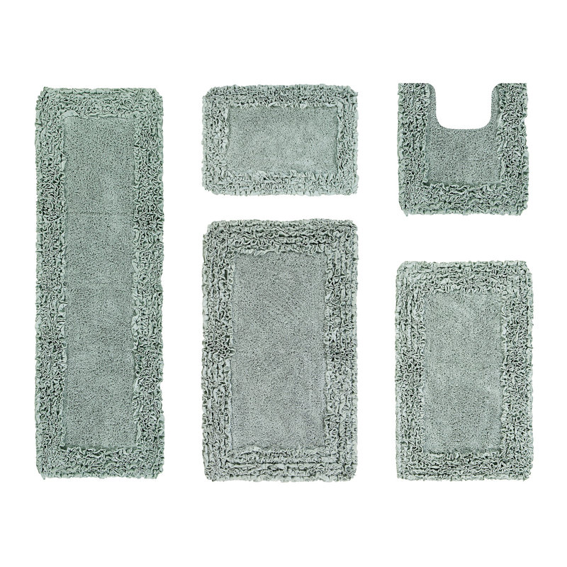 Courson Premium 100% Cotton 1775 GSM 5-Piece Bath Rug Set, OEKO-TEX® Certified, Non-Slip Spray Latex Backing, Plush Tufted Ruffle Pattern, Super Absorbent, Machine Washable Bathroom Rugs, Sage