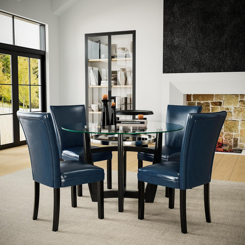 Ensemble de salle à manger moderne 5 pièces, table en verre et 4 chaises Parsons, Bleu très foncé