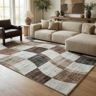 Rug Branch Theo 8' x 11' (7'7" x 10'10") Brown/Beige Checkered Area Rug, Contemporary, Medium Pile, Stain-Resistant Carpet - Living Room, Bedroom, Dining Room, and Kitchen