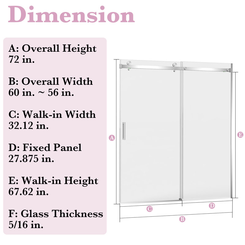 56" - 60" X 72" Frameless Sliding Shower Door With 5/16" (8Mm) Thick SGCC Tempered Clear Glass, With Buffer, Brushed Nickel
