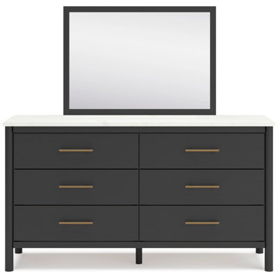 Mooran 2Pc Dresser Mirror Set, 6 Drawer, Light Brown, White Faux Marble