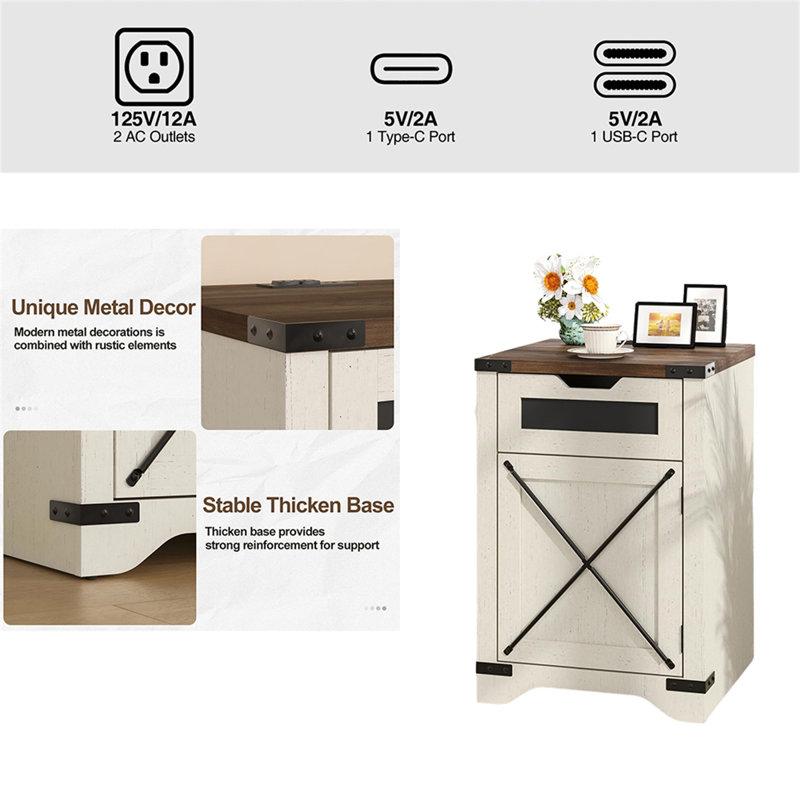 Vintage Farmhouse Nightstand With Charging Station – Rustic Side Table With Drawer & X-Shaped Barn Door, Antique White