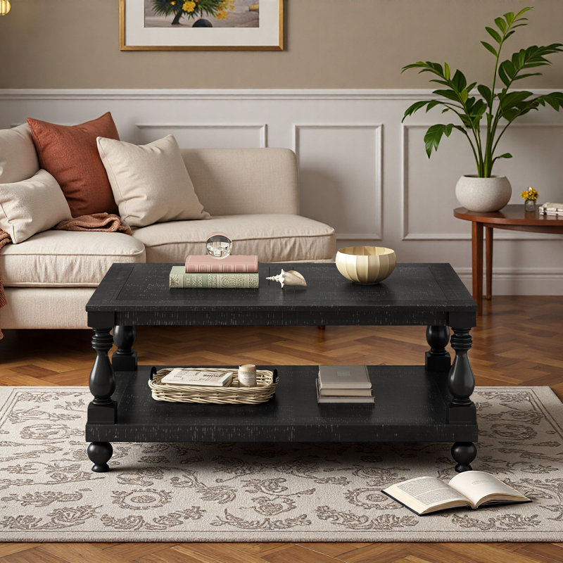 Vintage Coffee Table With Vase Column Legs, Pine Veneer And Lower Shelf, Black