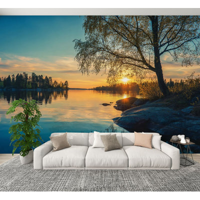 Papier peint auto-adhésif, paysage d'automne, coucher de soleil sur le lac, 69 po x l 96 po, papier peint amovible en PVC, décoration murale pour le salon de la chambre à coucher