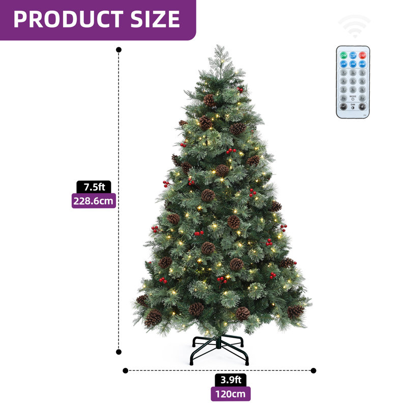 Arbre de Noël artificiel 7,5 pi avec lumières réglables, pommes de pin et baies Carolina, 7.5'