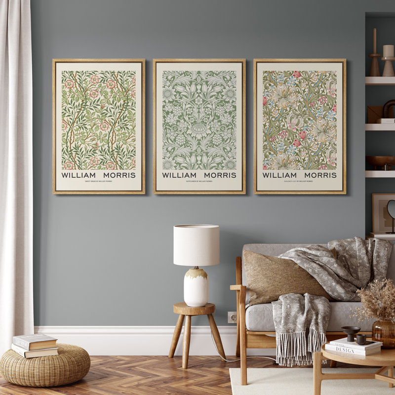 William Morris Geometric Floral Canvas Print Set in Natural Frame
