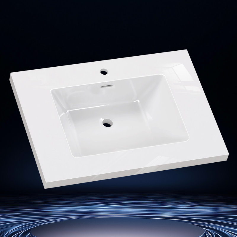 30 In. W X 22 In. D Solid Surface Cultured Marble White Single Sink Bath Vanity Top Rectangular Basin Countertop