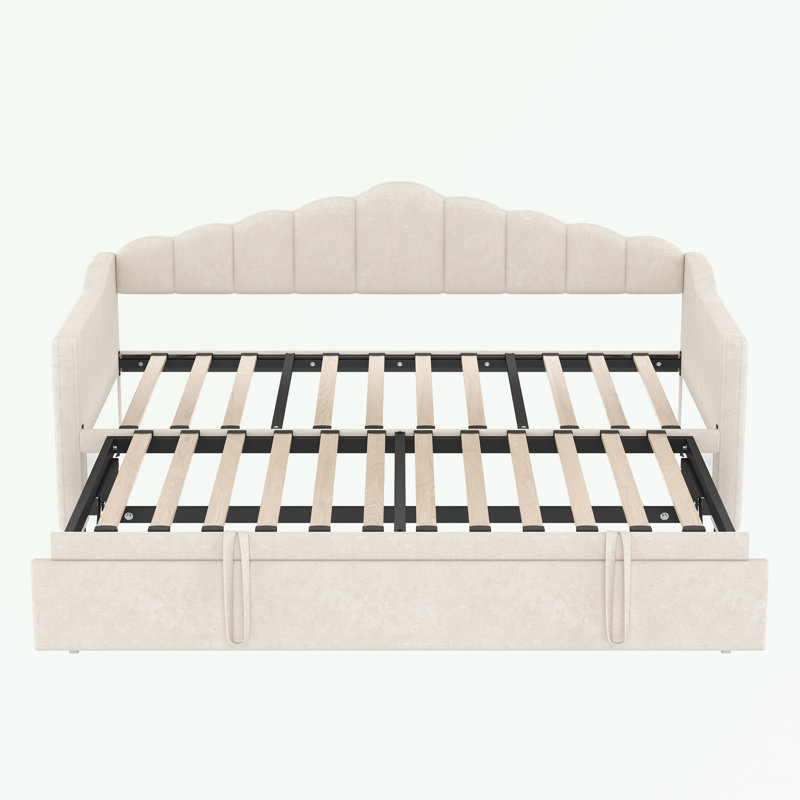 Twin Size Daybed with Adjustable Height Pop Up Trundle, USB & Type-C Charging Port and 2 Side Pockets, Beige