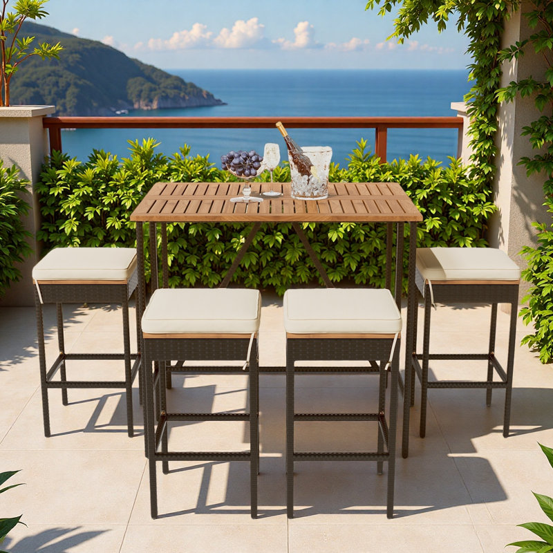 5-piece Outdoor Bar Height Table And Four Stools With Adjustable Feet, Foldable Tabletop And Cushions