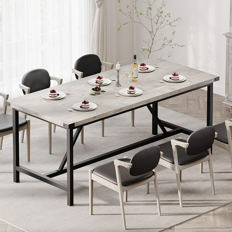Table de salle à manger 70,87 "industrielle pour 6-8, table de cuisine à structure en métal avec base en H, surface imperméable