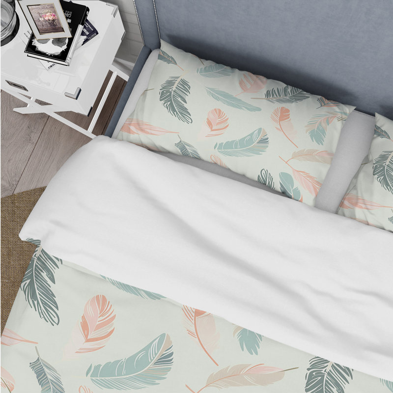 Ensemble de housse de couette rose et vert Bohème à plumes I - Boho, Housse de couette simple + 2 taies décoratives st