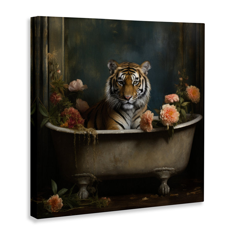 Tigre dans une baignoire florale sur toile par Lazar Studio, H 24 po x l 24 po x P 1,5 po