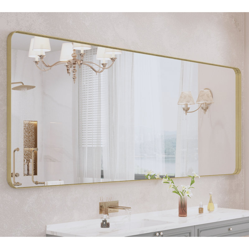 Lesamuel Filleted Corner Wall Mounted Bathroom and Vanity Mirror with Aluminum Frame, Rectangle, 32" x 84", Gold