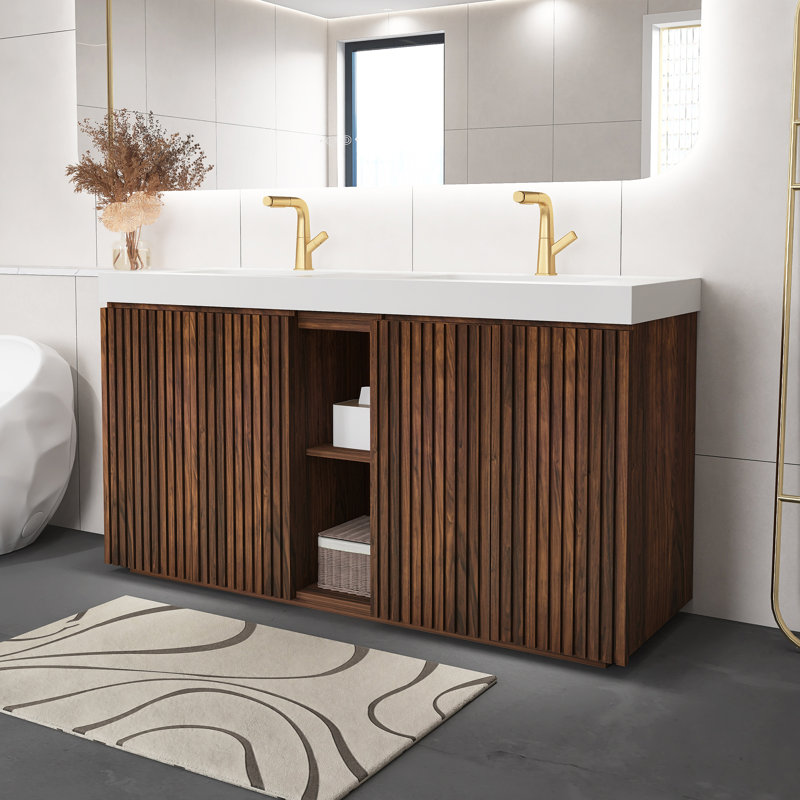 Meuble-lavabo moderne noyer Winston 60 po avec lavabo une pièce à double cuve en quartz blanc, Brun, Blanc