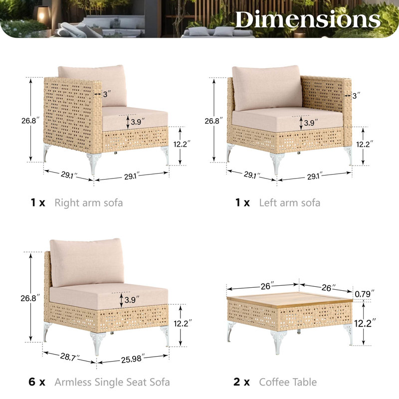 Ensemble de conversation extérieur en résine tressée avec tressage dense, pieds en métal ajouré et coussins de 10 cm.