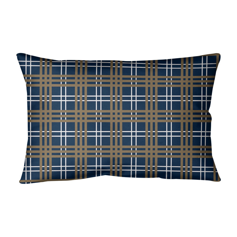 Plaid Reversible Throw Pillow, Millennium Blue/White/New Century Gold, Leather/Suede
