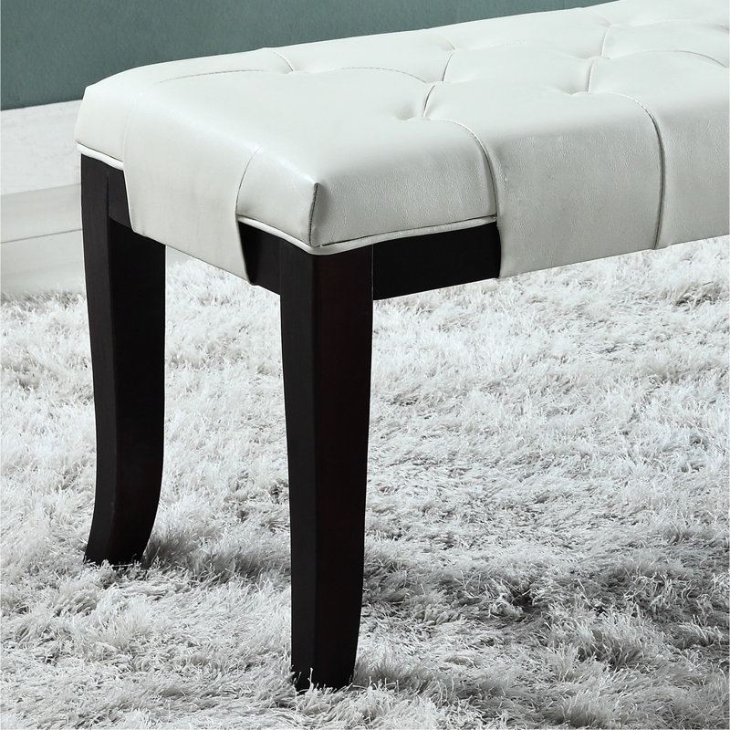 White Faux Leather Bench With Feature, Perfect For Bedroom, Living Room, And Foyer In White, Upholstery, Solid Hardwood Legs