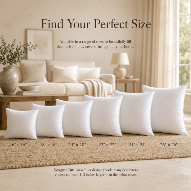 Ensemble de 1 coussin décoratif carré blanc 100% coton, bourre en duvet de microfibre, tailles multiples, 26 po x 26 po