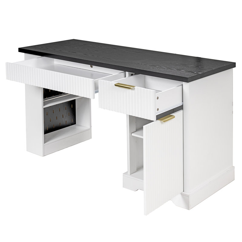 Bureau cannelé moderne de 55 po avec armoire de rangement et tiroirs (tabourets non inclus), Gris foncé