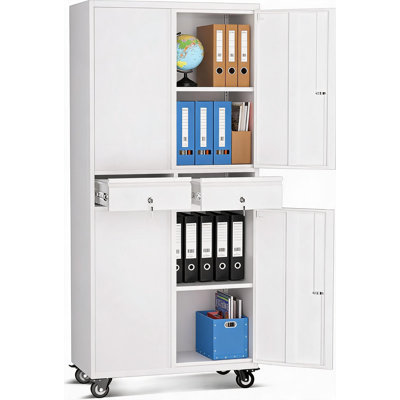 Classeur en métal robuste avec portes verrouillables, roulettes, 2 tiroirs et tablettes réglables - Organisateur de rangement mobile sécurisé 73 po pour garage, bureau ou atelier - Blanc