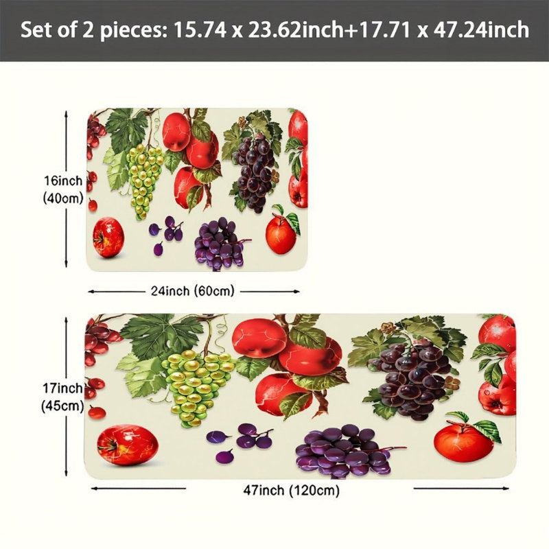 Tapis de cuisine aquarelle à fruits pour entrée, ensemble de 2, rouge, vert, beige