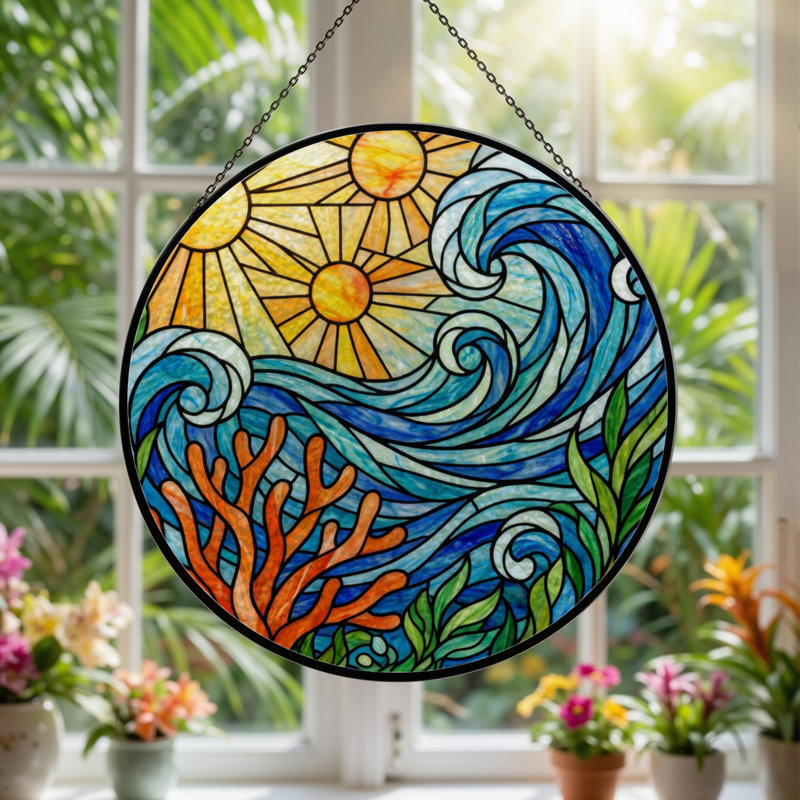 Panneau de vitrail 12 "H Sun and Sea, H 12 po x l 12 po