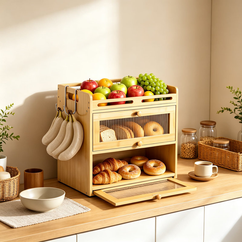 Boîte à pain pour comptoir, organisateur de rangement en bambou à deux niveaux avec tablette supérieure, crochets banane, portes magnétiques en acrylique, contenant hermétique et ventilé pour le pain, les collations et les fruits.
