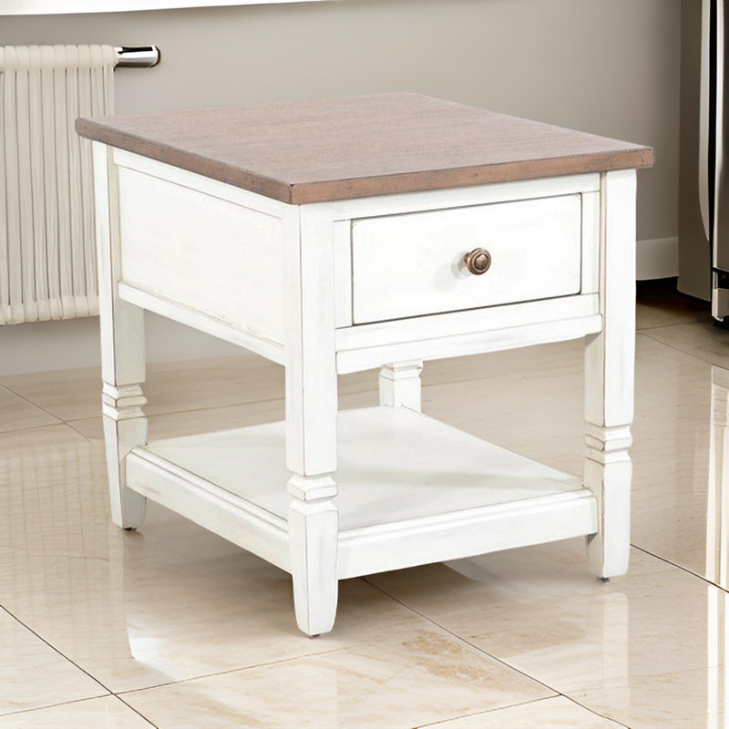 Table de bout Dean avec tablette, tiroir, brun rectangulaire de 26 pouces, blanc