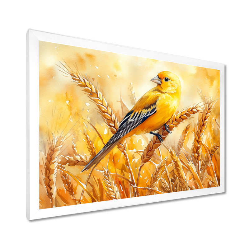 Chardonneret dans le champ de blé II - art mural oiseau, H 30 po x l 40 po, Blanc, Avec cadre