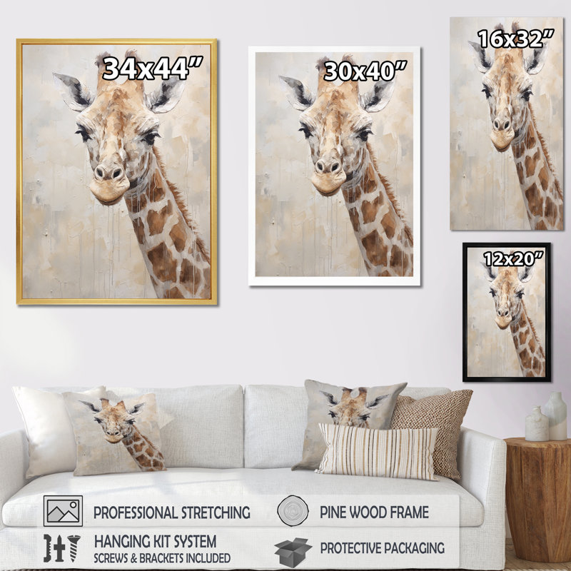 Minimalisme, girafe beige - impressions sur toile, Toile tendue, H 44 po x l 34 po x P 1,5 po