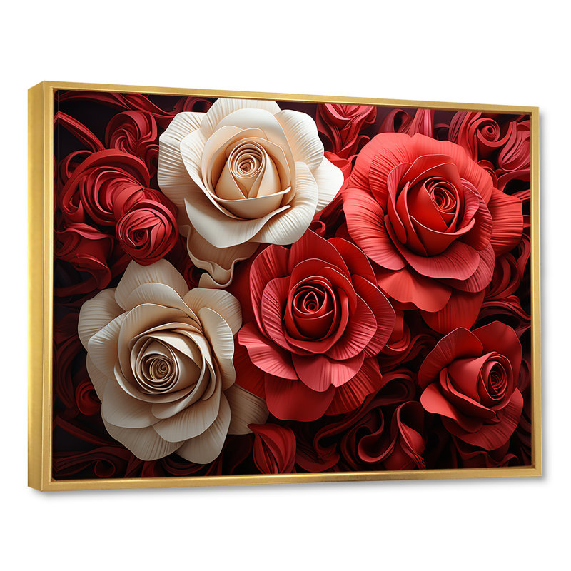 «Red and White Classic Rose Reson - Roses», art mural, Cadre flottant doré, H 34 po x l 44 po x P 1,5 po