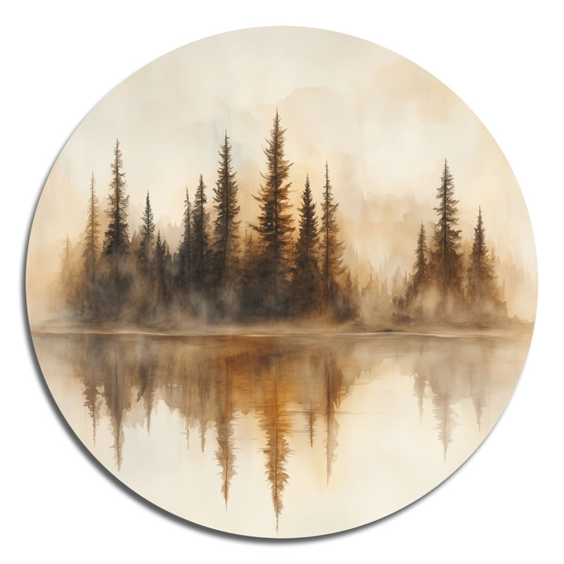 Décoration murale ronde en métal «Beige Forest Reflection By The Lake», L 36 po x H 36 po