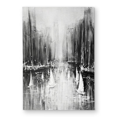 Grayscale Boats on the Water Door Mat | Coastal Home Decor