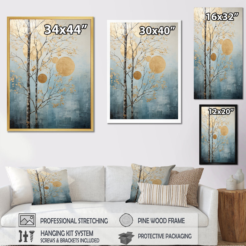 «Minimalisme or et paysage d'arbres bleus I», reproduction sur toile, Cadre flottant doré, 32" H x 16" W