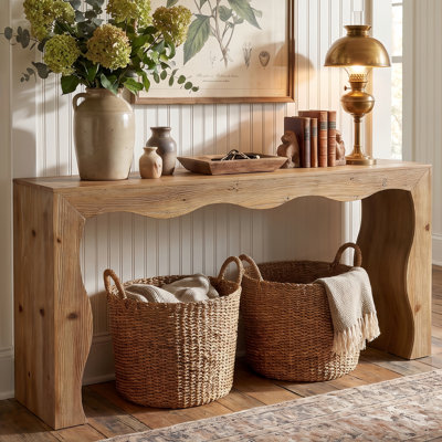 63" Solid Wood Console Table, Modern Farmhouse Long Entryway Table with Curved Wave Legs, Rustic Sofa Table for Living Room & Hallway