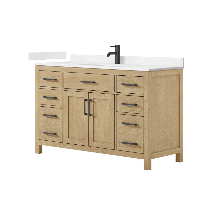 Beckett 54" Freestanding Single Bathroom Vanity with Cultured Marble Top, White Cultured Marble, Dark Walnut, Matte Black