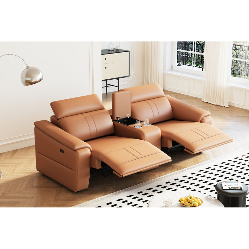 Fauteuil inclinable électrique simple en cuir technique brun, réglable 105 - 175, inclinable électrique, respirant et bois de style moderne, cadre