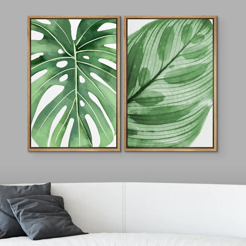 Vert jungle tropicale Monstera feuilles nature sauvage Art moderne rustique coloré Ultra 2 pièces, Blanc, H 36 po x l 24 po