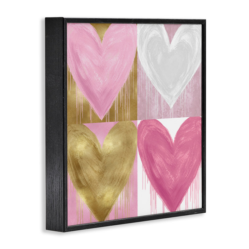 «Pink & Gold Glam Hearts», estampe numérique par Lindsay Rodgers, Giclée encadrée noir minuit, H 12 po x l 12 po
