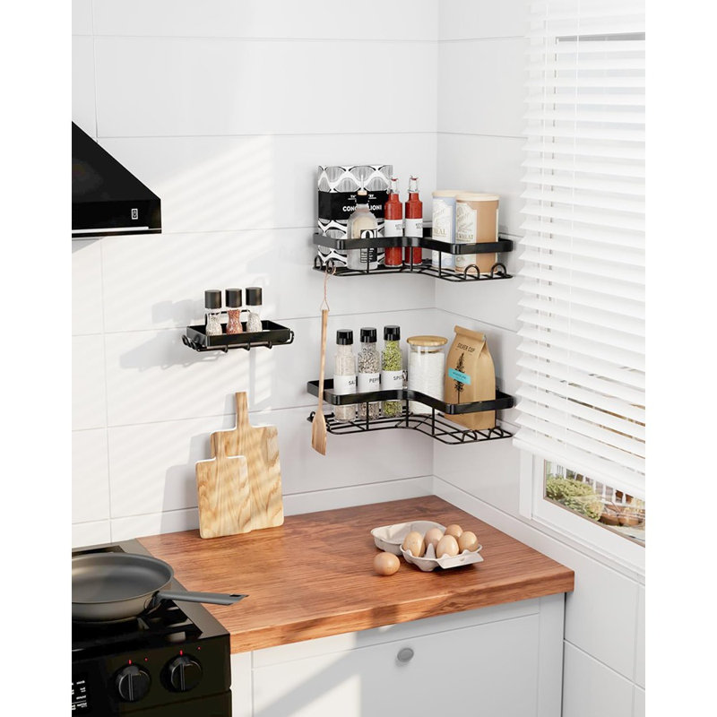 Serviteur de douche en coin - Noir - Paquet de 3 organisateurs de douche en métal antirouille avec porte-savon et crochets intégrés, grande capacité pour la salle de bain, la cuisine et le rangement pour la lessive