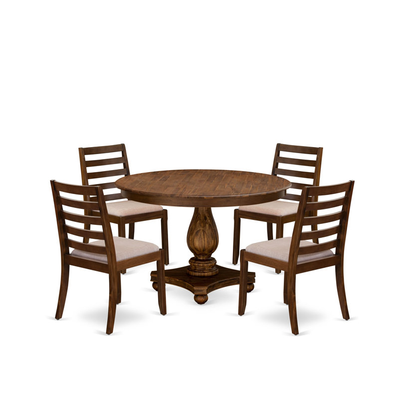 5-piece Dining Room set consists of a Round Kitchen Table and 4 Light Tan Linen Fabric stackable Dining Chair, Antique Walnut Finish.