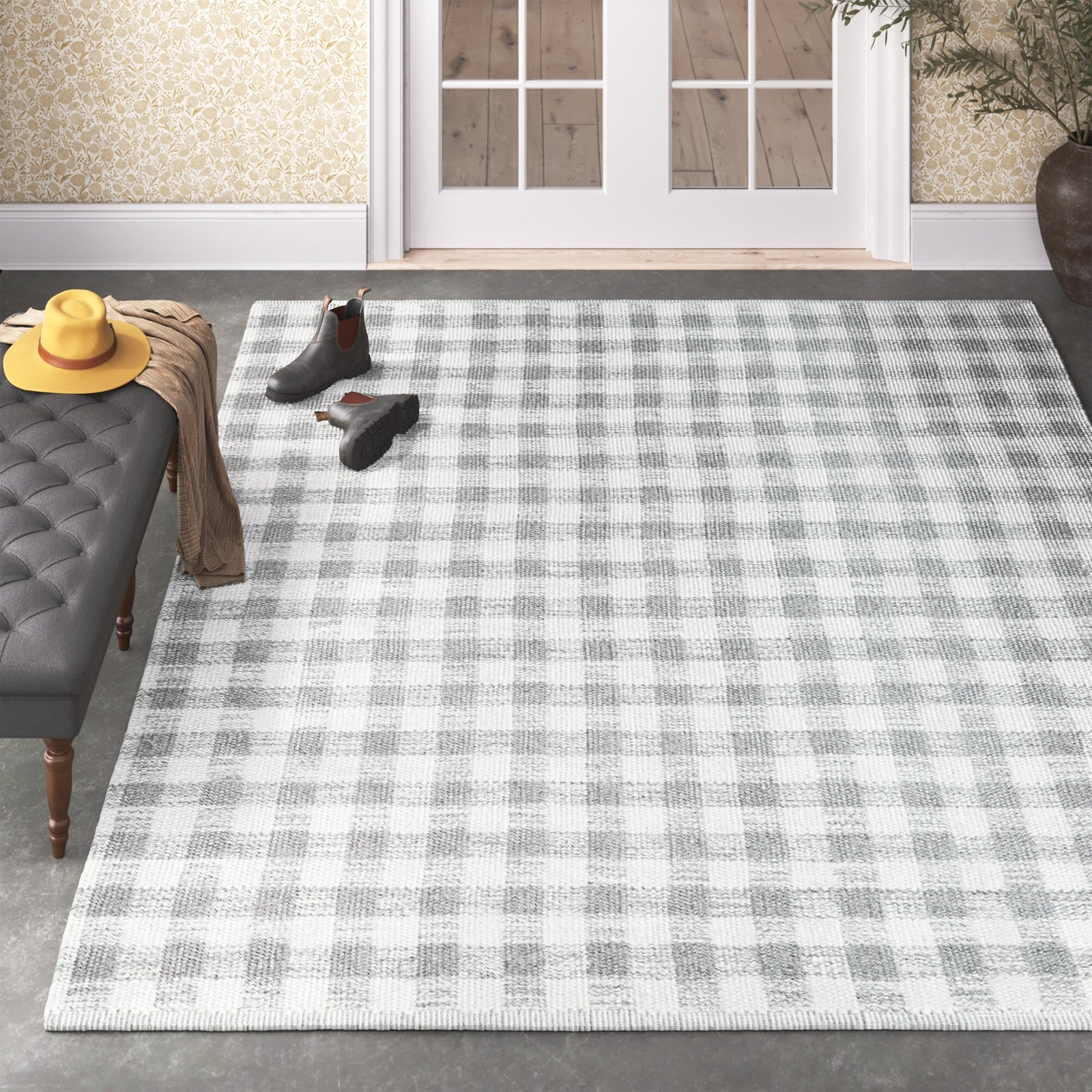 Lavande Hand-Woven Plaid Gray Wool Rug, Rectangle 5' x 7'6"