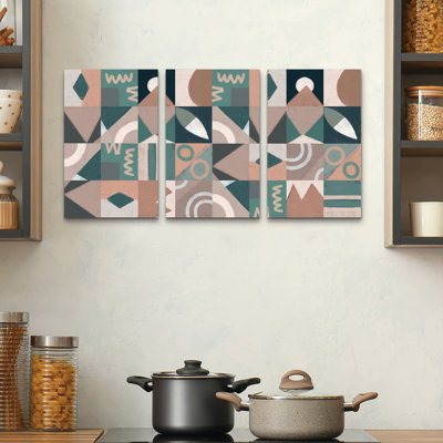 Ensemble de 3 panneaux muraux - Petit doyen «The Mid Century Grid Motif», art mural sur toile pour le salon, la chambre ou le bureau 