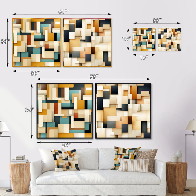 Selby - Ensemble de 2 collages de formes carrées abstraites, Cadre flottant noir, H 16 po x l 33 po