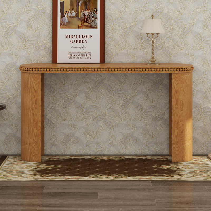 Wood Arched Console Table With Wood Beads, Mid Centeury Modern Curved Entryway Table, Brown