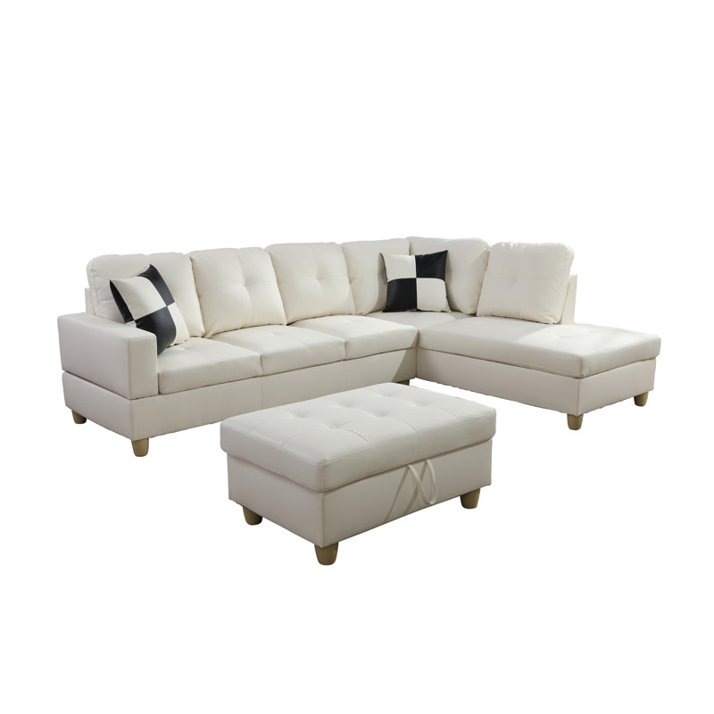 Mohall Faux Leather L-Shaped Sectional Right Hand Facing, Off White Faux Leather