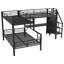 Lit superposé simple au-dessus d'un lit double en L avec lit mezzanine, garde-robe intégrée, bureau, ports USB, rangement compact, noir