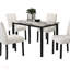 Ensemble de salle à manger contemporain en tissu de laine avec plateau en faux marbre et chaises rembourrées, parfait pour des repas élégants et confortables.